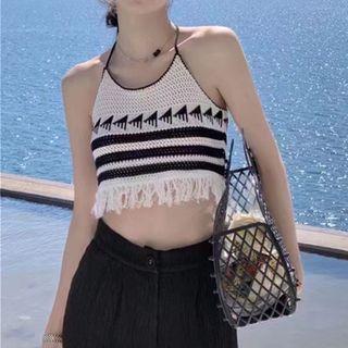 Striped Crochet Knit Cropped Halter Top