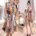 Set: Long-sleeve Flower Print Mini A-line Dress + Spaghetti Strap Mini A-line Dress