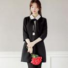 3/4-sleeve Contrast-color Dress