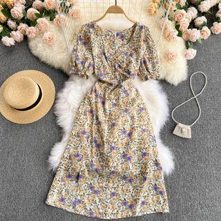 V-neck Sleeve Floral Dress