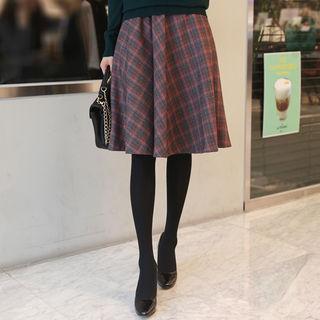 Band-waist Plaid Midi Flare Skirt