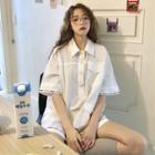 Elbow-sleeve Contrast Trim Cargo Mini Polo Dress White - One Size