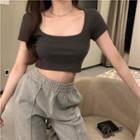 Square-neck Short-sleeve T-shirt Gray - One Size