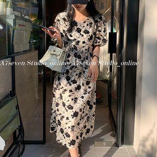 Puff-sleeve Floral Midi A-line Dress / Midi A-line Skirt