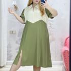 Plus Size Short-sleeve Two-tone Midi Shirt Dress