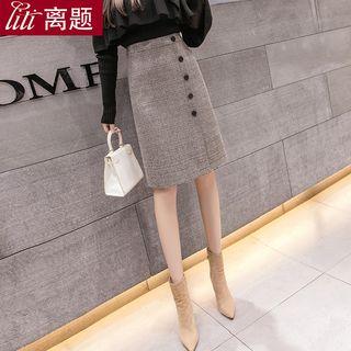 Plaid Button Accent A-line Skirt