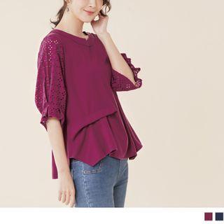 Elbow-sleeve Eyelet Panel Round Neck Top