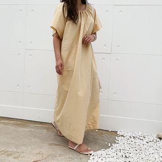 Drawcord-neck Maxi Cotton Dress