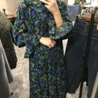 Bell-sleeve Floral Printed Pleated Dress Green - One Size