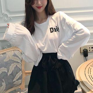 Long-sleeve Lettering T-shirt / A-line Mini Skirt