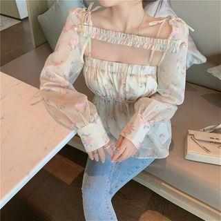 Set: Floral Sleeveless Top + Long Sleeve Shawl
