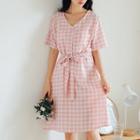 Elbow-sleeve Gingham A-line Dress