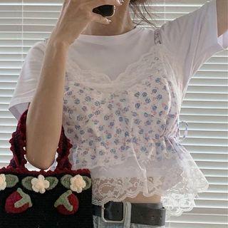 Short-sleeve T-shirt / Floral Print Lace Trim Cropped Camisole Top