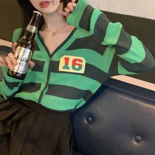 Number Patch Striped Cardigan