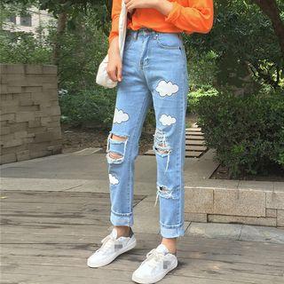 Cloud Print Distressed Jeans