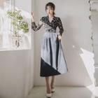Set: Hanbok Peplum Top (floral / Black) + Skirt (maxi / Charcoal Gray)