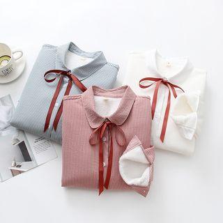 Fleece-lined Bow-neck Striped Shirt