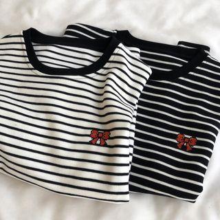 Short-sleeve Striped Bow Print T-shirt
