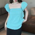 Off-shoulder Plain Blouse Blue - One Size