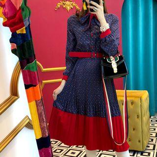 Belted Long-sleeve Printed Midi A-line Dress