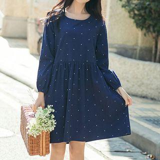 Long-sleeve Dotted Linen A-line Dress