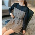 Long-sleeve Houndstooth Paneled Mini Dress As Shown In Figure - One Size