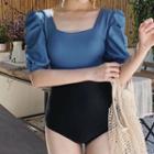 Two-tone Open Back Short-sleeve Swimsuit