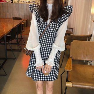 Lantern-sleeve Top / Mini Plaid Pinafore Dress