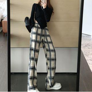 Long-sleeve Slit T-shirt / Plaid Straight Leg Pants