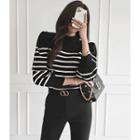 Puff-sleeve Button-trim Striped Knit Top