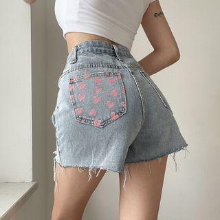High Waist Heart Pattern Short Jeans