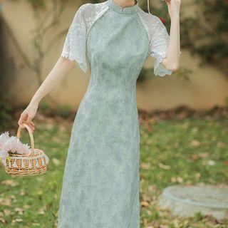 Short-sleeve Lace Floral Print Midi Sheath Qipao Dress