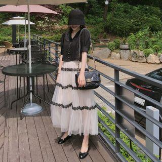 Lace-trim Tulle-overlay Long Skirt Beige - One Size
