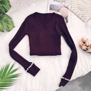 Long-sleeve Faux Pearl Cuff Knit Top