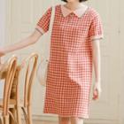 Short-sleeve Gingham Collared Knit Dress