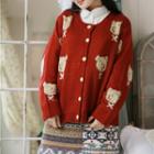 Bear Patterned Cardigan Dark Red - One Size