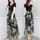 Short-sleeve Floral Mesh Overlay Maxi A-line Dress