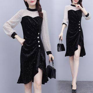 Long-sleeve Ruffle Hem Glitter Sheath Dress