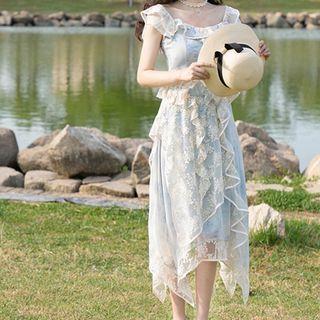 Set: Cap-sleeve Lace Trim Top + Midi A-line Skirt