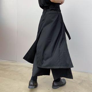 Drawstring-waist Layered Wide Leg Pants Black - One Size