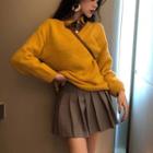 V-neck Sweater / Plaid Shirt / Mini A-line Pleated Skirt