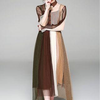 Color Block A-line Mesh Dress