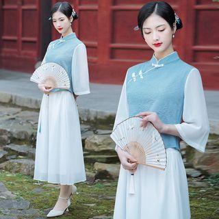 Mandarin Collar Blouse / Midi A-line Skirt / Set