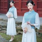Mandarin Collar Blouse / Midi A-line Skirt / Set