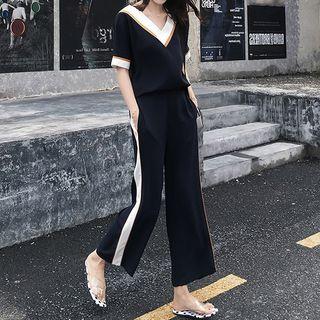 Set: Elbow-sleeve Contrast Trim Top + Wide-leg Cropped Pants