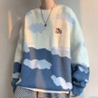 Cow Embroidered Cloud Print Sweater