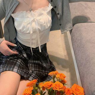 Plain Bow Tank Top / High-waist Plaid Mini Skirt / Plain Cardigan