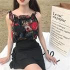 Set: Floral Print Chiffon Camisole Top + Plain Ruffle Hem Mini Skirt