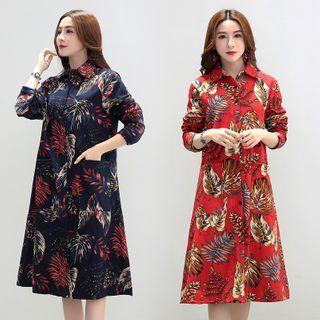 Long-sleeve Leaf Print Shirt Dress