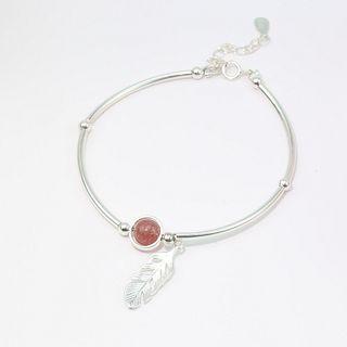 925 Sterling Silver Feather Bead Bracelet Bracelet - Strawberry Crystal - One Size